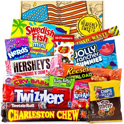 American Sweets Gift Box - American Candy Sweet Box - Sweet Hamper Chocolate Nerds Jelly Belly Reeses Hersheys - Gift Hamper for Children, Adults, Birthday, Valentine Gifts - Heavenly Sweets