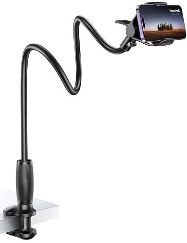 Lamicall Gooseneck Phone Holder for Bed - [Upgraded Stable Clip] for Desk, Headboard, Bed, Bedside, Table, Flexible Gooseneck Long Arm Stand, Overhead Cell Phone Clamp Mount, for All 4-7” Devices - black
