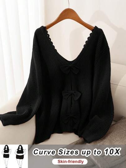 SHEIN CURVE+ Frenchy Plus Size Lace Splicing V-Neck Sweater With Bowknot Decoration For Winter | SHEIN USA