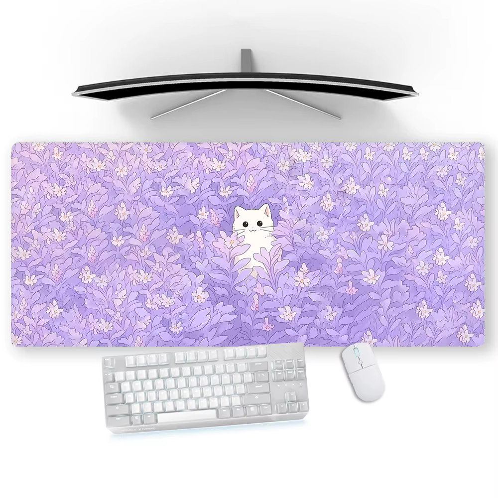 Lilac Mous Pad Kawaii Pastel Cat Mousepad Purple 80x30 Office Accessories Deskpad Cute Table Carpet Custom Desk Protection Mat - AliExpress 7