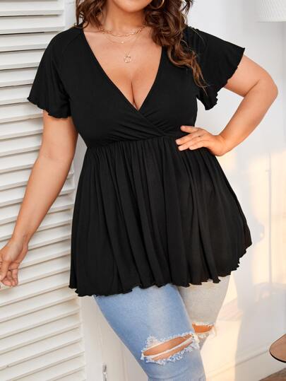 SHEIN Privé Plus Lettuce Trim V Neck Tee | SHEIN USA