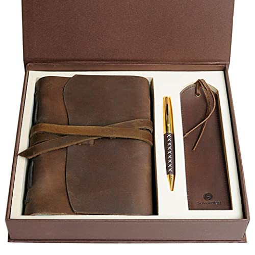 Leather Journal Gift Set Handmade Antique Leather Bookmark + Pen, Vintage A5 Writing Notebook Unlined Leather Bound Daily Notepad For Men & Women, Best Travel Diary To Write In Art Sketchbooks 20x15cm - Antique Brown - 8" x 6" Gift Set