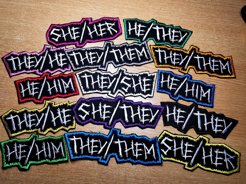 Punk Pronoun Patches Embroidered Iron on Contour Spikey Cut out LGBTQ+ Vibrant colours!