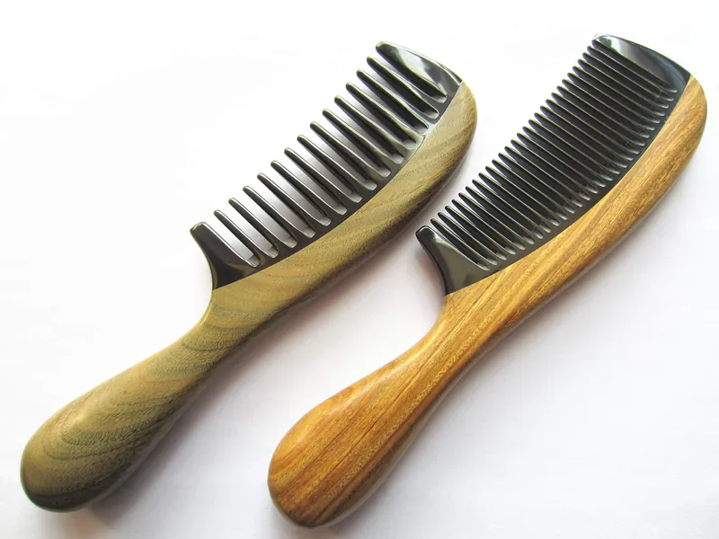 Handmade No Static Black Buffalo Horn Comb with Rounded Green Sandalwood Handle (Pack of 2 Pcs:Wide Tooth and Standard Tooth) - Pack of 2 Pcs:Sandalwood and Violetwood
