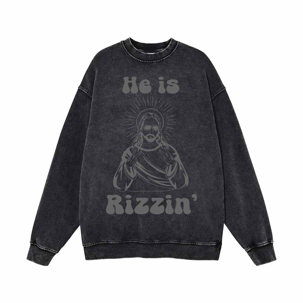 He Is Rizzin Christian Funny Vintage Washed Sweatshirt - Black / M (Bust 116 cm)