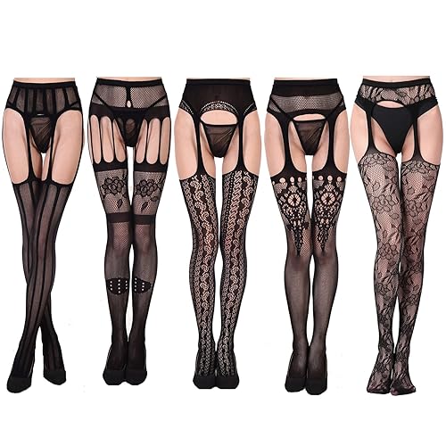 ASTARON 5 Pairs Womens Fishnet Tights,Lace Flowery Fishnets Stockings High Tights Mesh Stockings Suspender Pantyhos