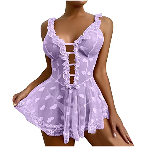 CofeeMO Womens Sexy Naughty Sheer Mesh Chemise Lingerie Heart Print V Neck Lace Babydoll Sleepwear Exotic Slutty Nightdress - Purple - Small