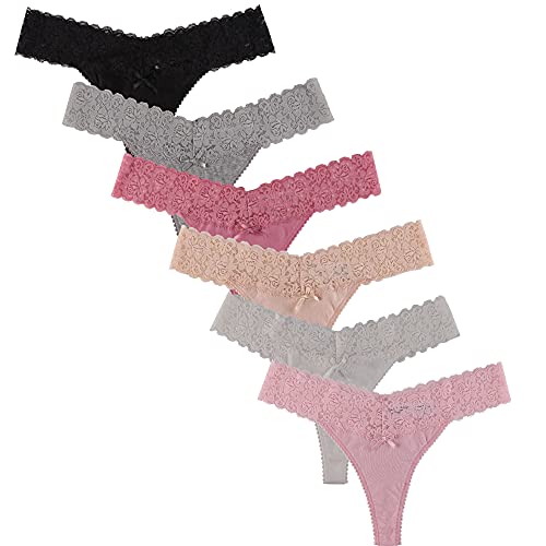 UWOCEKA Women Thongs Cotton, 6 Pack Variety Thong Lace Trim Undies Panties Tanga - Small - 6PCS-A