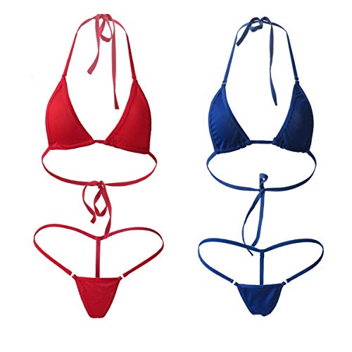 ADESUGATA Women's Solid Underwear Push Up Brazilian Thong Triangle Bikini Swimsuit Set Backless Bandeau Two Pieces - 2pcs (Red and navy)