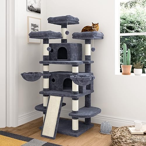 IMUsee 68 Inches Multi-Level Large Cat Tree Tower with Cat Condo/Cozy Plush Cat Perches/Sisal Scratching Posts and Hammocks/Cat Activity Center Play House/Smoky Grey - Smoky Grey
