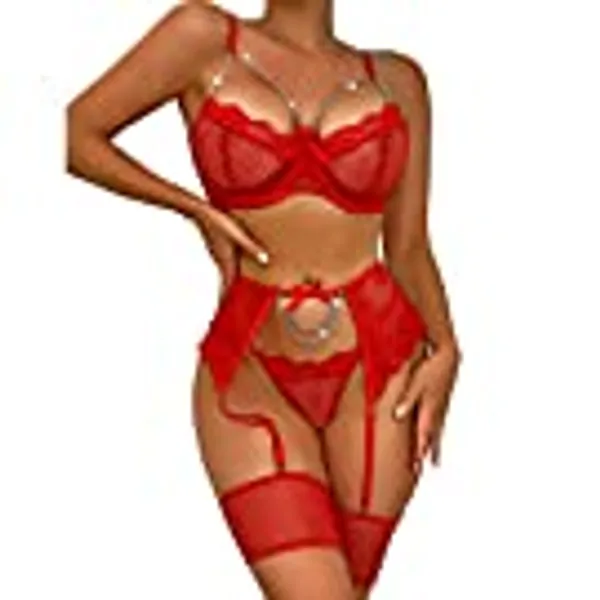 4UFIT Women’s 3 Piece Fishnet Lingerie Set Chain Eyelash Lace Underwire Bra and Panty Sets with Garter Belt