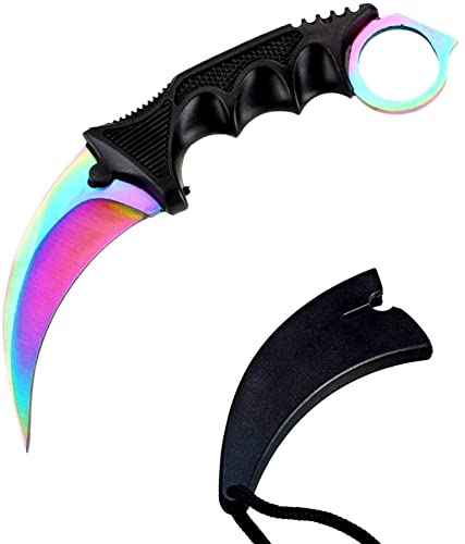 WeTop Karambit Knife, for Hunting Camping Fishing Self Defenses and Field Survival, Stainless Steel Fixed Blade Tactical Knife with Sheath and Cord (Rainbow) - 