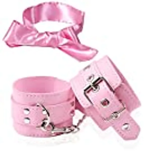 Leather Wrist Handcuffs Bracelet Role Play Exercise Bands Adjustable Chain and Satin Sleeping Mask Eye Mask for Halloween Cosplay