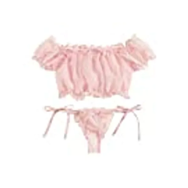 SheIn Women's Self Tie Ruffle Trim Dobby Mesh Lingerie Set Sexy Bra and Panty