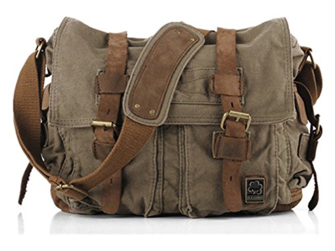 Sechunk Vintage Military Leather Canvas Laptop Bag Messenger Bags Medium - small--13‘’ - Army Green