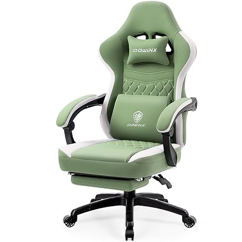 Dowinx Gaming Chair Breathable Fabric Computer Chair with Pocket Spring Cushion, Comfortable Office Chair with Gel Pad and Storage Bag,Massage Game Chair with Footrest,Green - Green