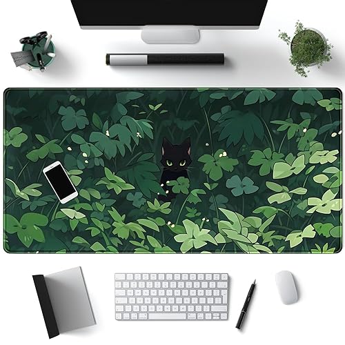 Black Cat Desk Mouse Pad Green Plants Desk Mat Anime Large Gaming Mouse Pad XL Full Desk Office Supplies Desk Mat Long Laptop Keyboard XL Mouse Pads Desktop Mat Pad Desk Decor for Women 31.5x15.8in - Jungle Cat-green