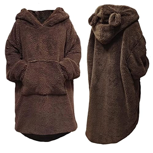 Cute Blanket Hoodie Adult Bunny or Bear Fashion Blanket Hoodies Sweater Furry fluffy Blanket Sweatshirt Soft Cozy Oversized Women Men,Warm Fleece sherpa Blanket Jacket - Brown Bear - Large