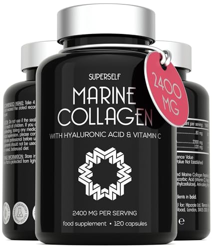 Marine Collagen Capsules 2400mg - with Hyaluronic Acid & Vitamin C - High Strength Collagen Supplements for Women & Men - 120 Capsules - Premium Collagen Complex for Skin Joints Hair