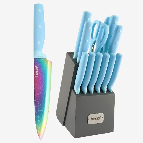 14 Pieces Rainbow Titanium Knives Set with Laser Pattern, Martensitic Stainless Steel Knife Block Set with Sharpener- Blue