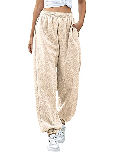 Love My Fashions Women's Plain Gym Sport Jogger Sweatpants & Winters Joggers Pockets Pants and Baggy Elastic Waist Trousers for Casual Hip Hop, Gym and Jogging - L - Cream