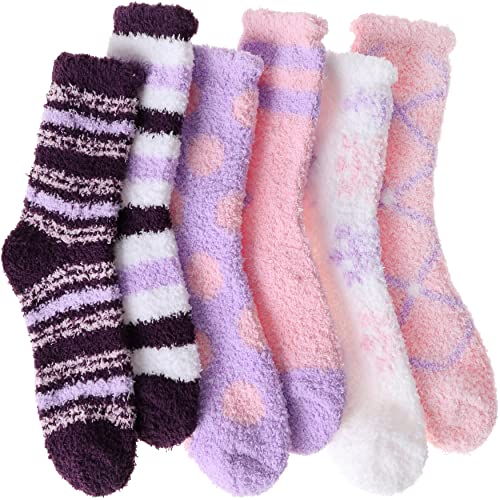 Womens Fluffy Socks Winter Cosy Slipper Bed Warm Thick Soft Fleece Comfy Ladies Cabin Plush Socks - Purple Pink Stripes 6 Pairs