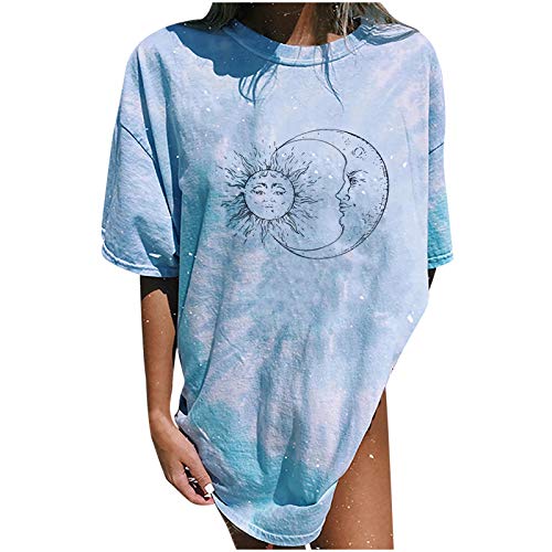 Vintage T-Shirts Short Sleeve Shirts for Women Sun and Moon Print Tie Dye Casual Tops Blouse Retro Loose for Men and Women - 41-a3-light Blue - M