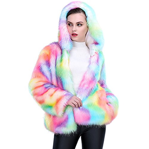 JTENGYAO Women Faux Fur Coat Rainbow Color Plus Size Winter Thick Outerwear Fur Jacket Parkas with Hood - 2X-Large(UK L) - Rainbow Color