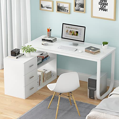 Home Office Computer Desk 3 Drawers 2 Shelves White Reversible