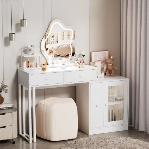 Makeup Vanity Touch Screen Lighted Mirror Drawers Storage Cabinet White
