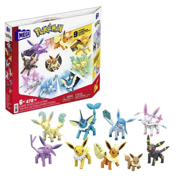 MEGA Pokémon Every Eevee Evolution toy building set, Vaporeon, Jolteon, Flareon, Espeon, Umbreon, Leafeon, Glaceon, Sylveon, 470 pieces, ages 6+ -