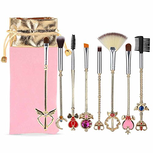 Coshine 8pcs Sailor Moon Gold Makeup Brush Set With Pouch, Magical Girl Cute Cosmetic Makeup Brushes With Pink Bag