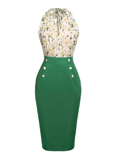 1960s Floral Lace-up Button Pencil Dress | Green / XXL / 14