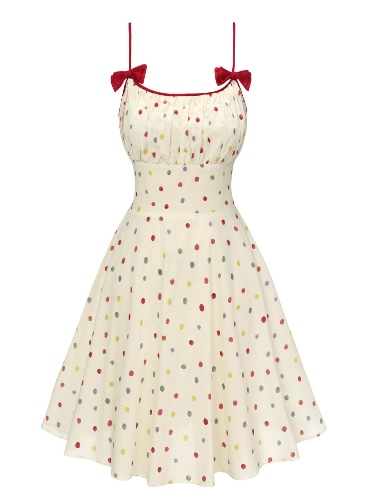 Beige 1950s Polka Dots Bow Straps Dress | Beige / XXL / 14