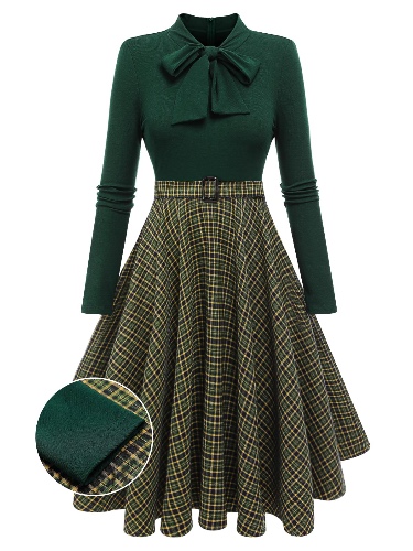 Dark Green 1950s Plaid Knitting Dress | Dark Green / XL / 10~12