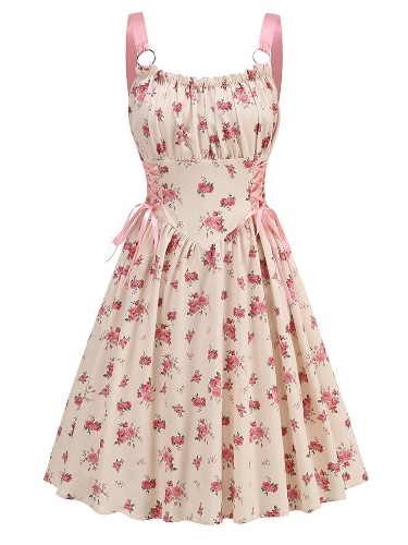 Pink 1950s Strap Ditsy Floral Lace-Up A-Line Dress | Pink / XL