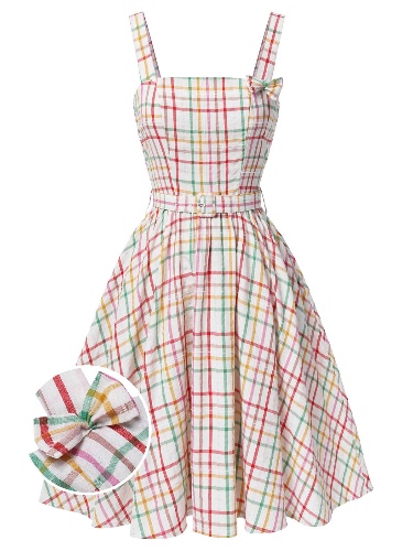 Colorful 1950s Wide Strap Bow Plaid Dress | Colorful / XL / 10~12