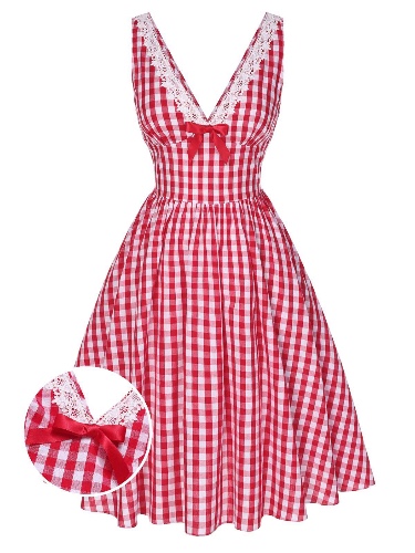 Red 1950s Lace V-Neck Plaid Dress | Red / XXL / 14