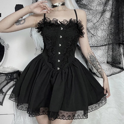 Dark Series Lolita Goth Black Lace Dress - S