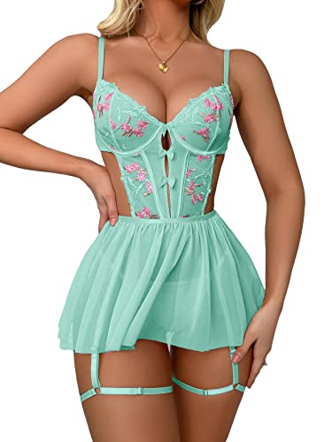 WDIRARA Women's Floral Embroidery Mesh Split Cut Out Babydoll Lingerie Slip Dress - Medium - Light Green