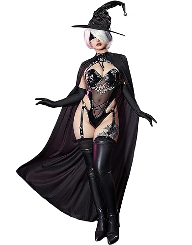 Mobbunny Role Playing Witch lingerie Women Goth lingerie Sexy Cosplay Halloween Black Bodycon Outfit Bodysuit and Cloak - Medium - Black