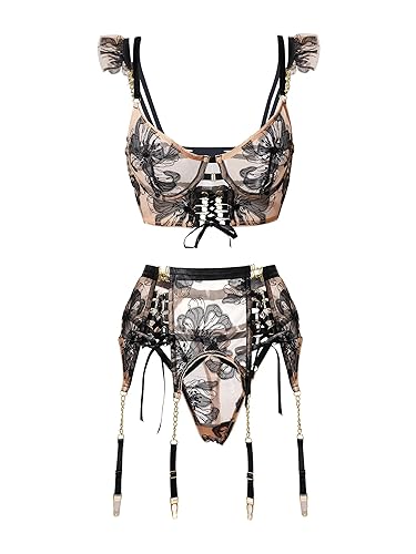 HELLOLAGIRL Lingerie Sets For Women Sexy,Black Floral Embroidery Metal Chain Shoulder Strap Lingerie Set - Medium - Black