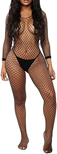 Walang Lip Women's Sexy Mesh BodyStocking Fishnet Lingerie Long Sleeve Bodysuits One Piece Jumpsuit Underwear Nightwear - Black