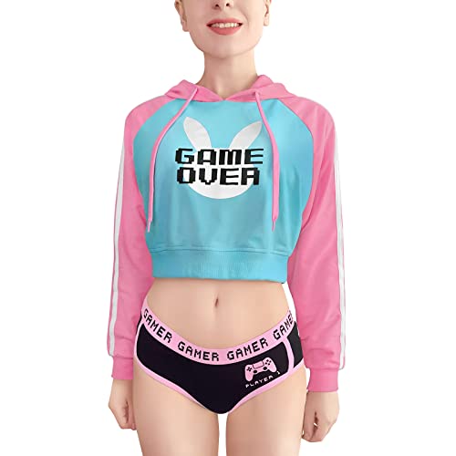 Littleforbig Women's Bunnywatch Cosplay Gaming Casual Regular Fit Long Sleeve Drawstring Cropped Hoodie Jacket Pink - Blue - Medium