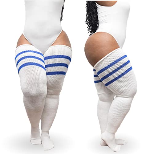 Thunda Thighs Plus Size Thigh High Socks, Over the Knee High Boot Stockings Leg Warmers - 27 Plus - White & Blue Stripes