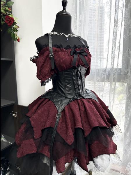 [$87.00]Wine Red Gothic Lace Trim Top + Corset Belt + Handkerchief Hem Skirt Full Set