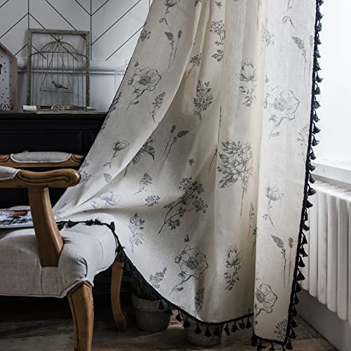 Boho Curtains 84 Inch Length 2 Panels Farmhouse Living Room Semi Sheer Drapes Vintage Floral Tassel Window Curtain Panel Bedroom Grey and Off White Cotton Linen Blend Rod Pocket Window Treatment - 52" W X 84" L | 2 Panels - C Grey Floral