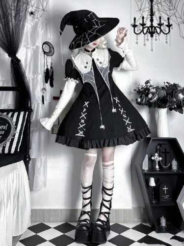 [$57.25]Gothic Spider Web Collar One Piece with Detachable Long Sleeves