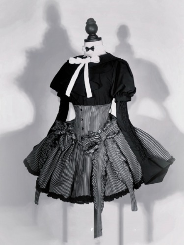 [$77.00]Gray and Black Stripes Corset Belt High Waist Gothic Lolita Skirt