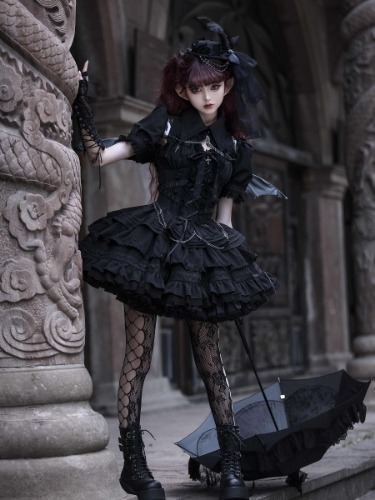 [$99.50]Black Gothic Short Jumper Skirt Adjustable Criss-cross Straps Waist